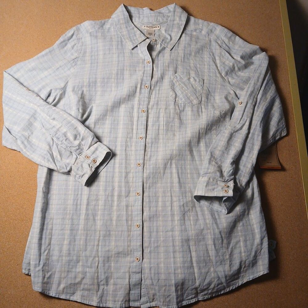 Ruff Hewn Womens 2XL Blue Plaid Roll Tab Sleeve Blouse Cotton NWT